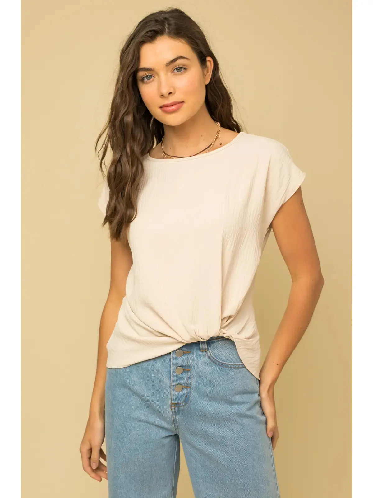 Bless Me Woven Tee with Front Knot Detail